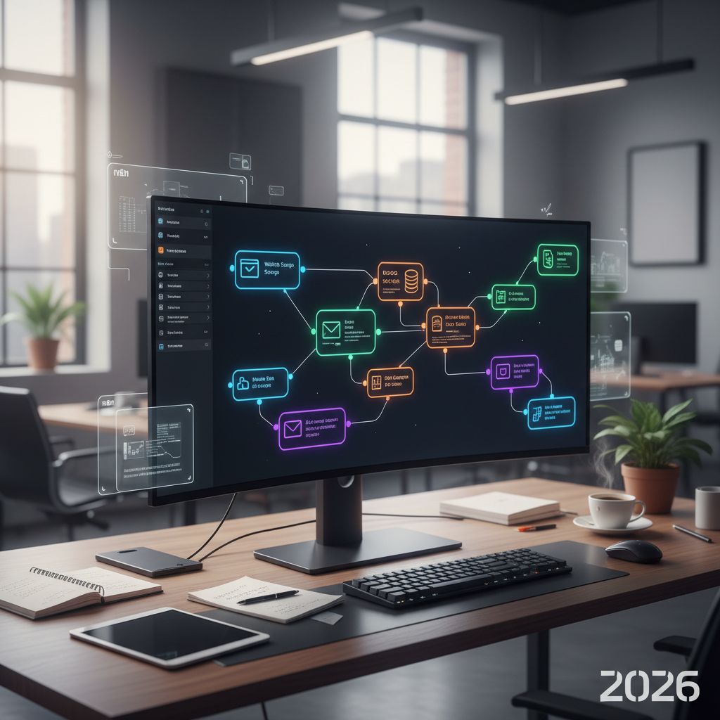 Modern workspace with n8n workflow on screen, automation icons, and a futuristic, efficient vibe.