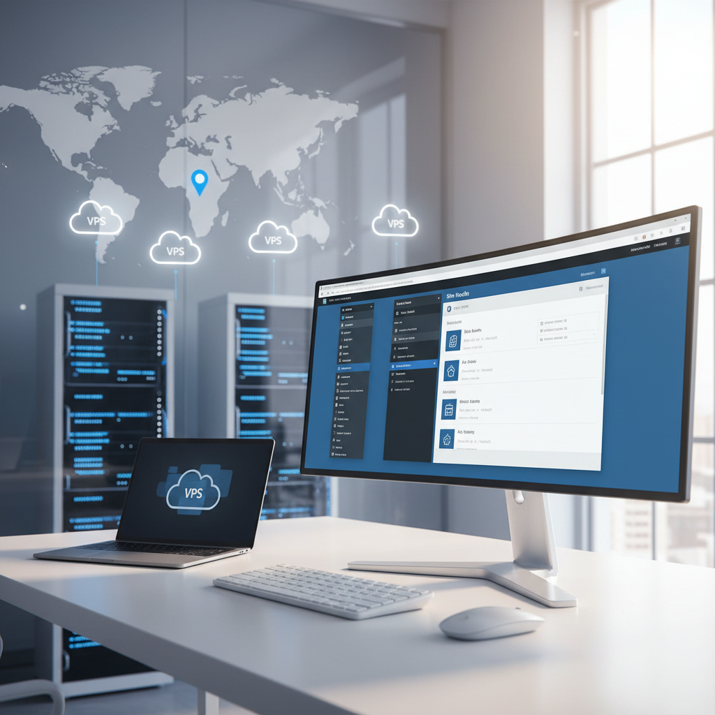 Modern workspace with WordPress, map pinpointing Germany, server racks, and cloud VPS hosting icons.
