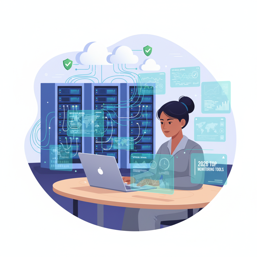 Small business owner monitoring servers with data dashboards, alerts, and cloud tech in a modern workspace.