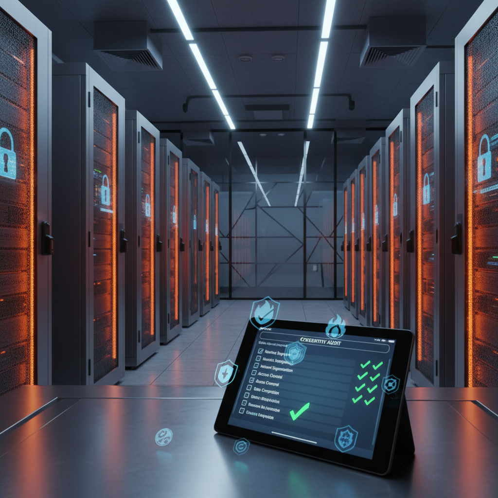 Modern server room with secure, glowing Ubuntu racks, cybersecurity icons, and a checklist on tablet.