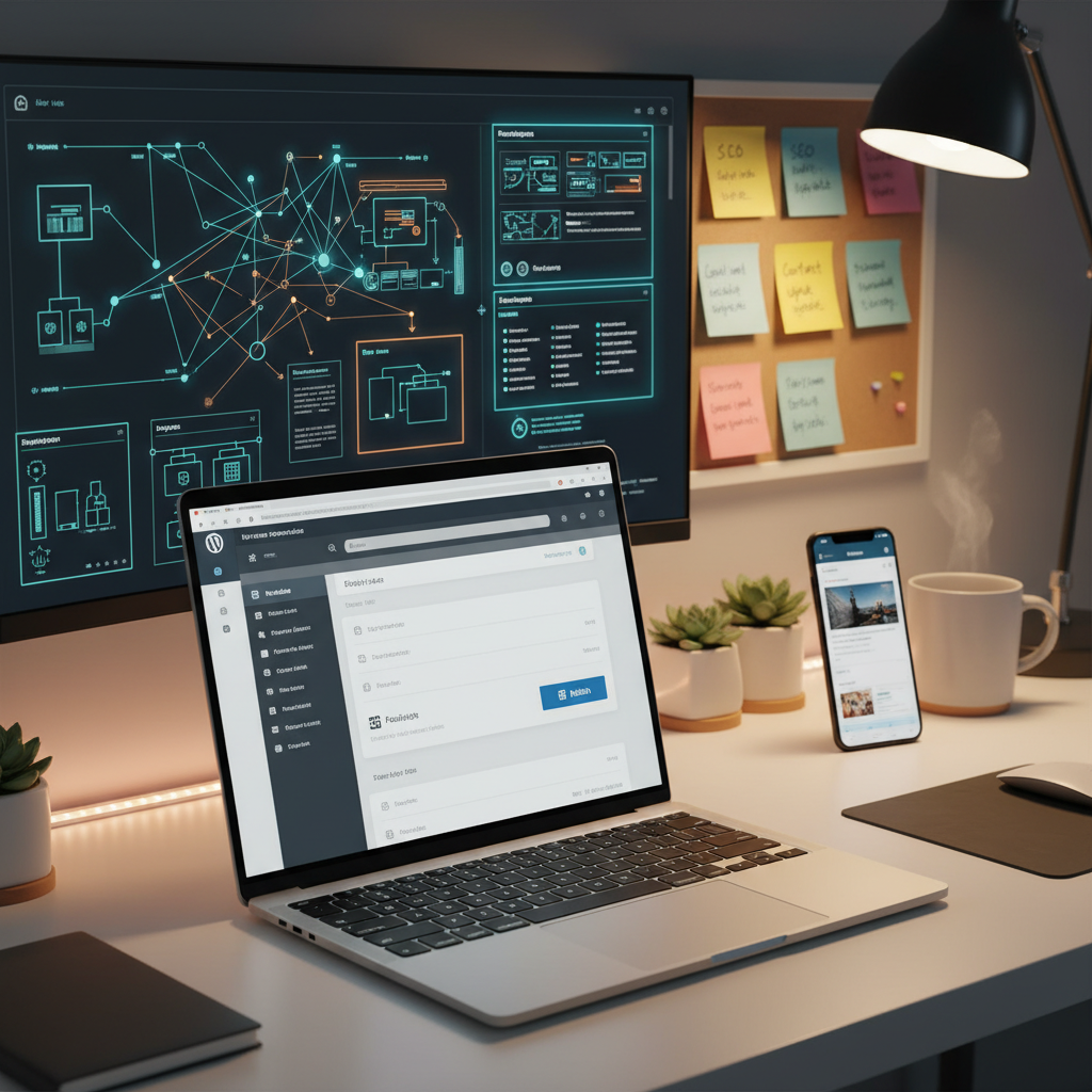 Modern workspace with WordPress, blueprints, and mobile preview, showcasing advanced web management.