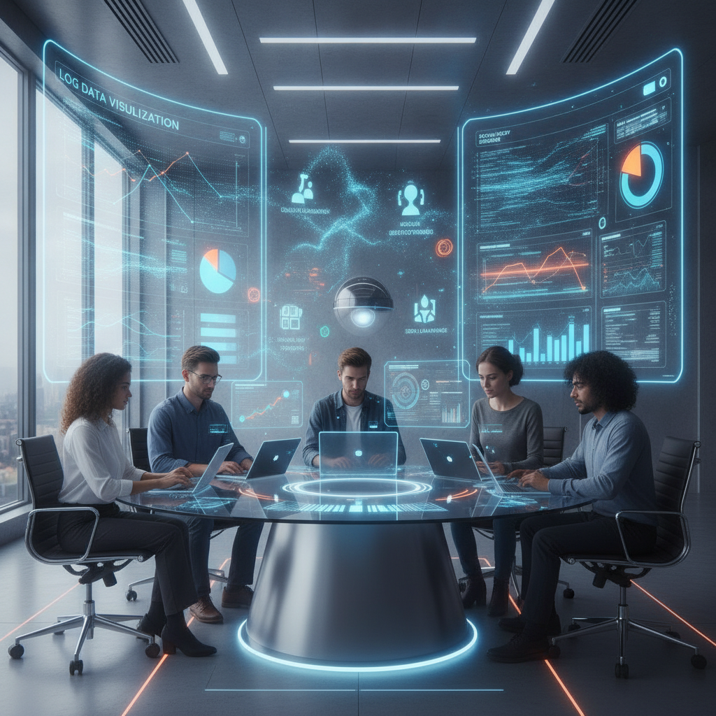 alt_text: Diverse team collaborates in a sleek tech office with glowing data dashboards and futuristic devices.