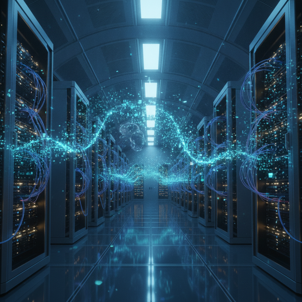 Futuristic data center with glowing server racks and holographic cloud backup streams.