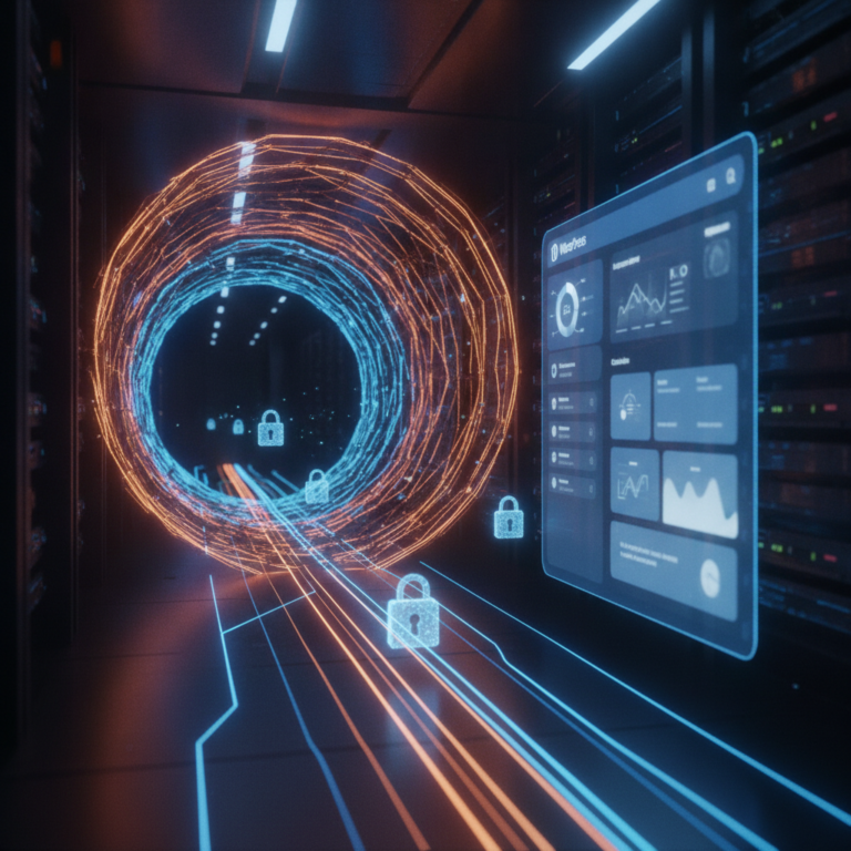 3D render of secure WordPress admin access via a futuristic glowing Cloudflare tunnel.