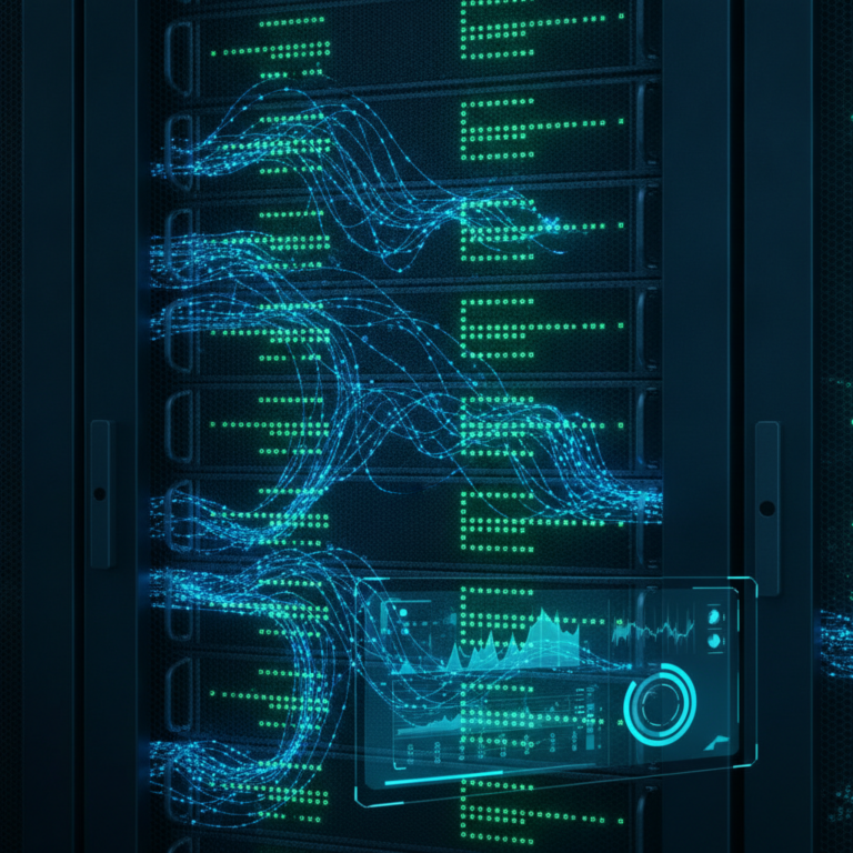 Glowing server rack, blue data streams, and a holographic uptime dashboard.