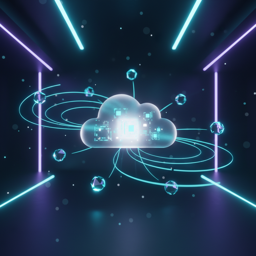 Glowing futuristic cloud hub connecting data streams to floating website crystals.