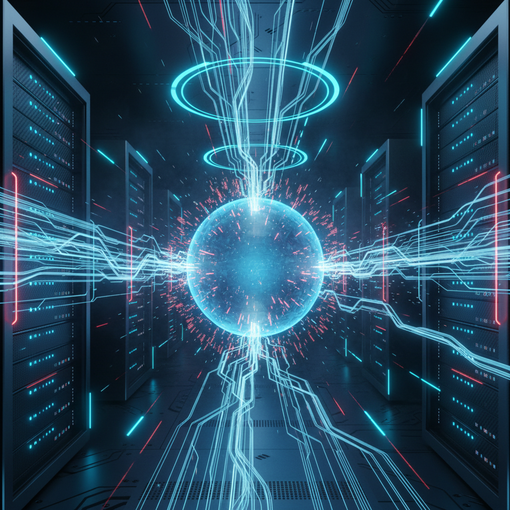 3D futuristic cyber server defense system with glowing blue shields blocking red data streams