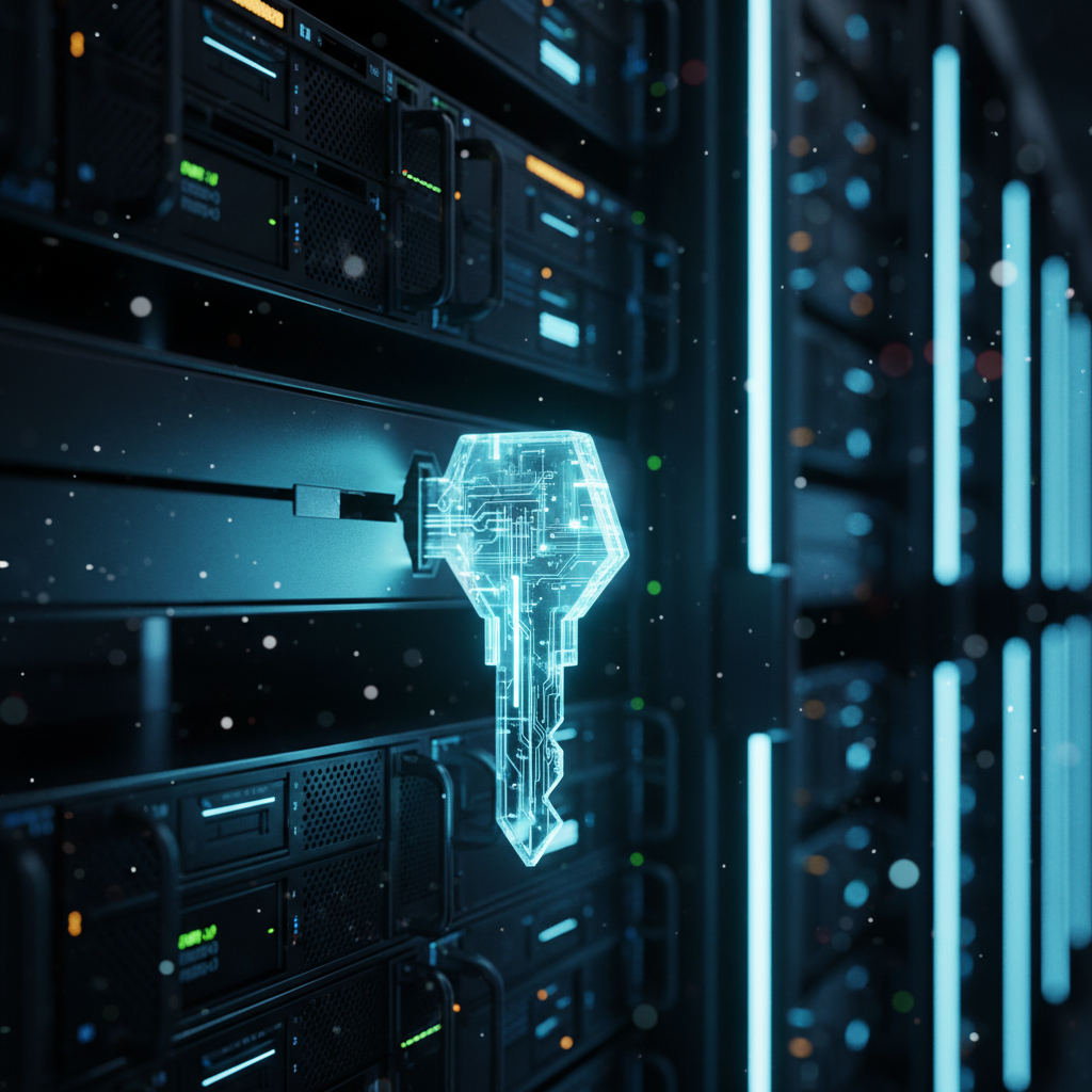 Glowing cryptographic key plugging into a server blade in a dark, neon-lit data center.