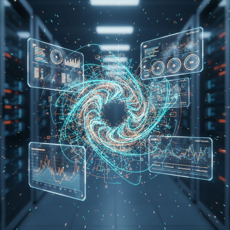 Glowing cyan and orange workflow nodes, holographic dashboards, and a blurred server room.