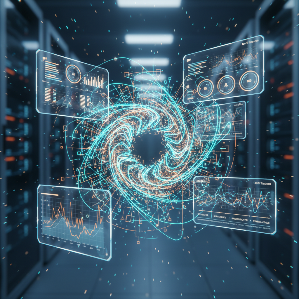 Glowing cyan and orange workflow nodes, holographic dashboards, and a blurred server room.