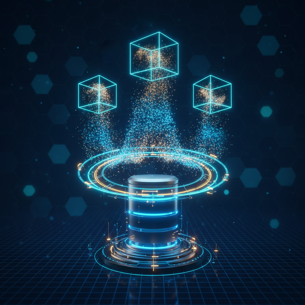 alt_text: Glowing 3D database backing up to cloud storage.