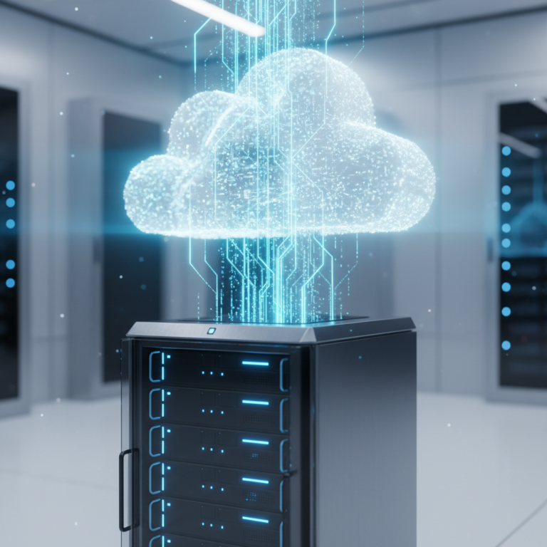 Futuristic server rack with glowing blue data streams flowing into a cloud shape.