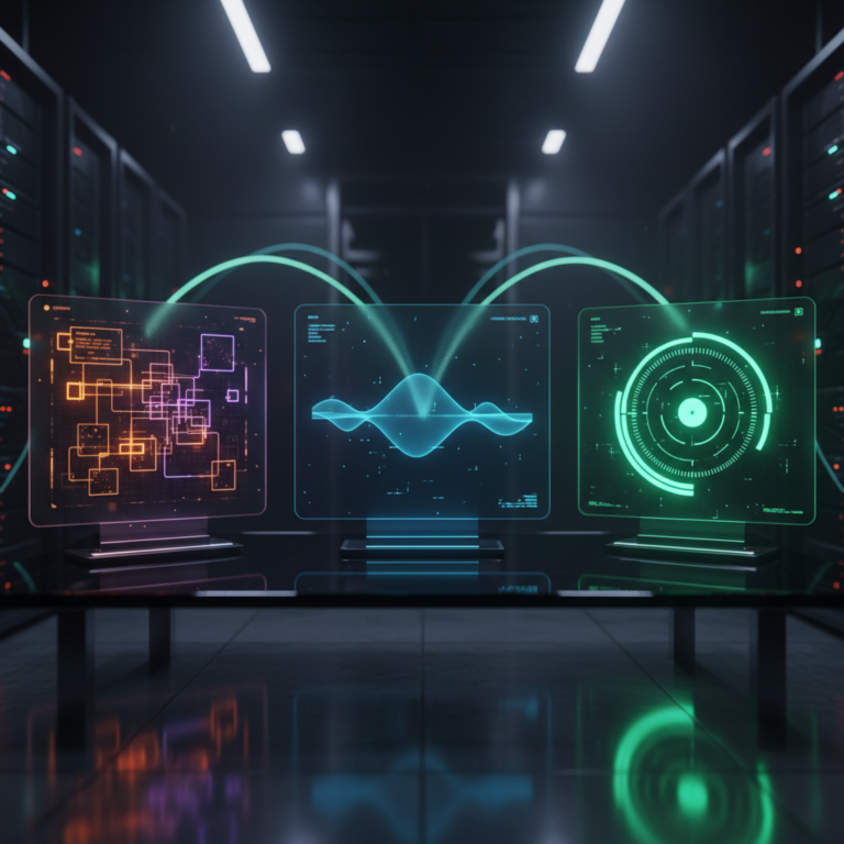 Glowing holograms visualizing future website monitoring tools in a sleek, dark server room.