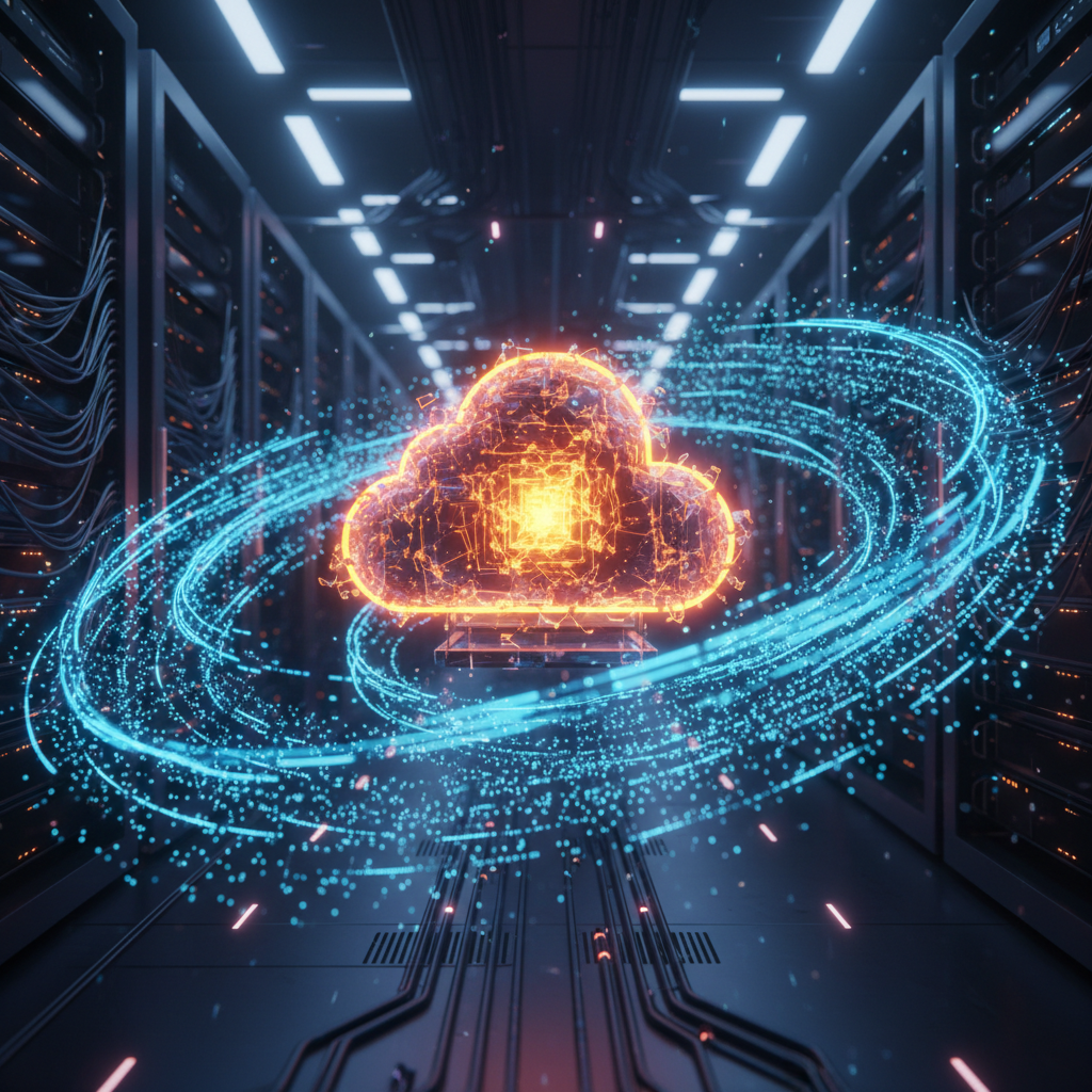Orange glowing cloud server with blue data streams in a futuristic data center.