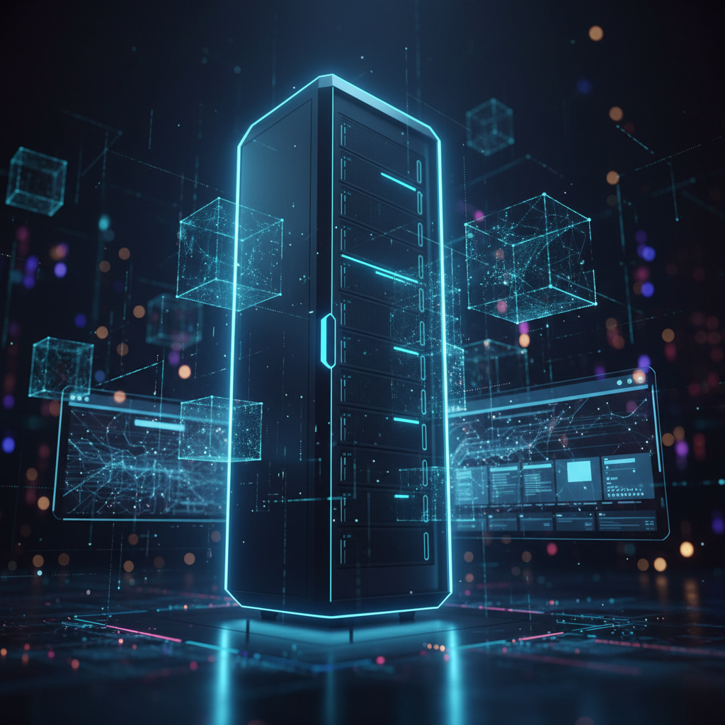 Glowing futuristic VPS server rack with holographic data cubes and cyber web interface.