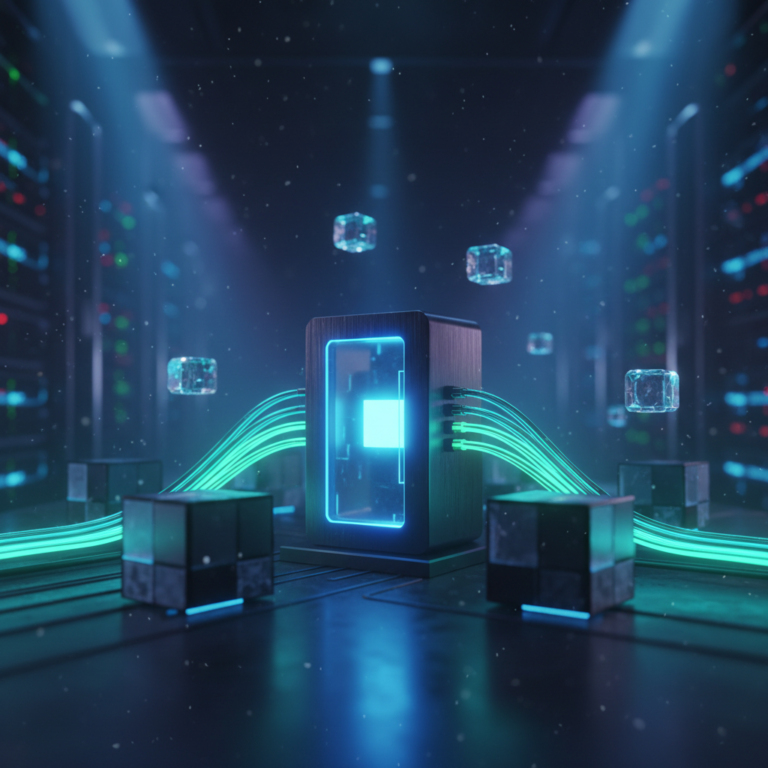 Futuristic glowing micro-server hub with fiber optics connecting small apps.