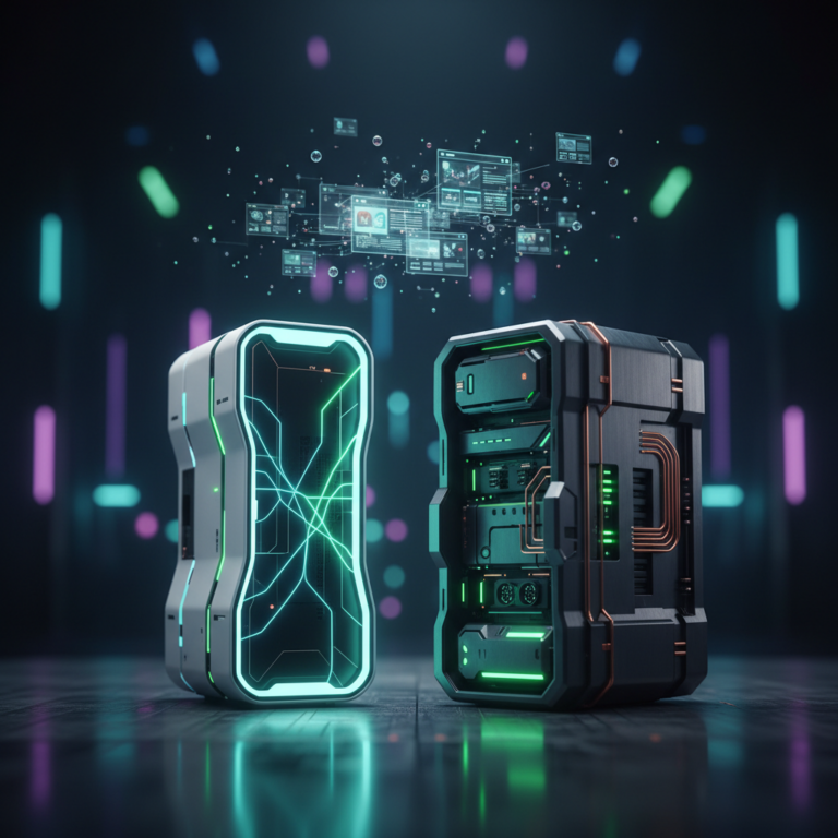 Two futuristic web servers, one agile and one heavy-duty, with floating holographic websites.