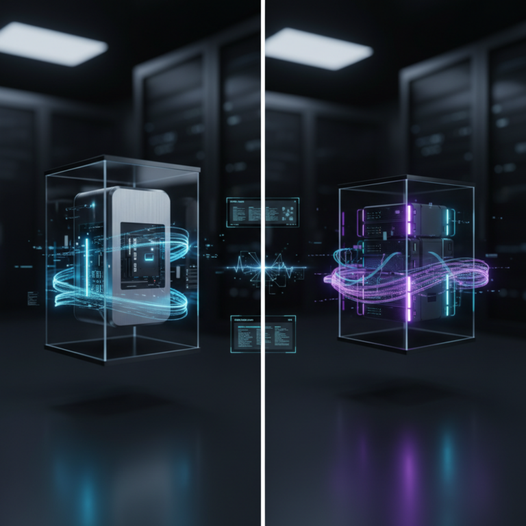 Split-screen VPS server comparison featuring glowing blue and purple futuristic holographic nodes.