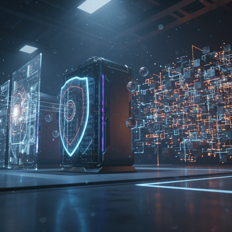 Futuristic data center showing holographic snapshots, secure servers, and a matrix of data cubes.