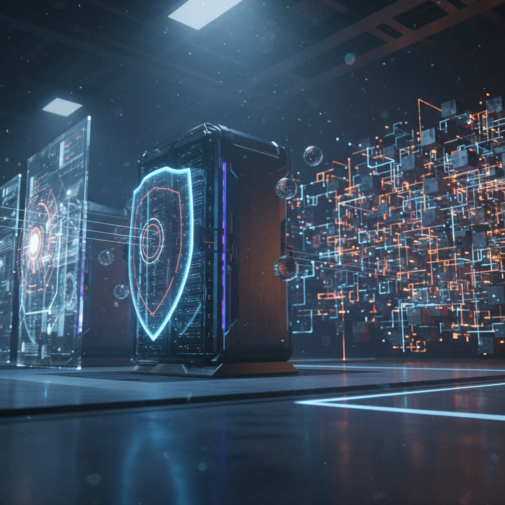 Futuristic data center showing holographic snapshots, secure servers, and a matrix of data cubes.