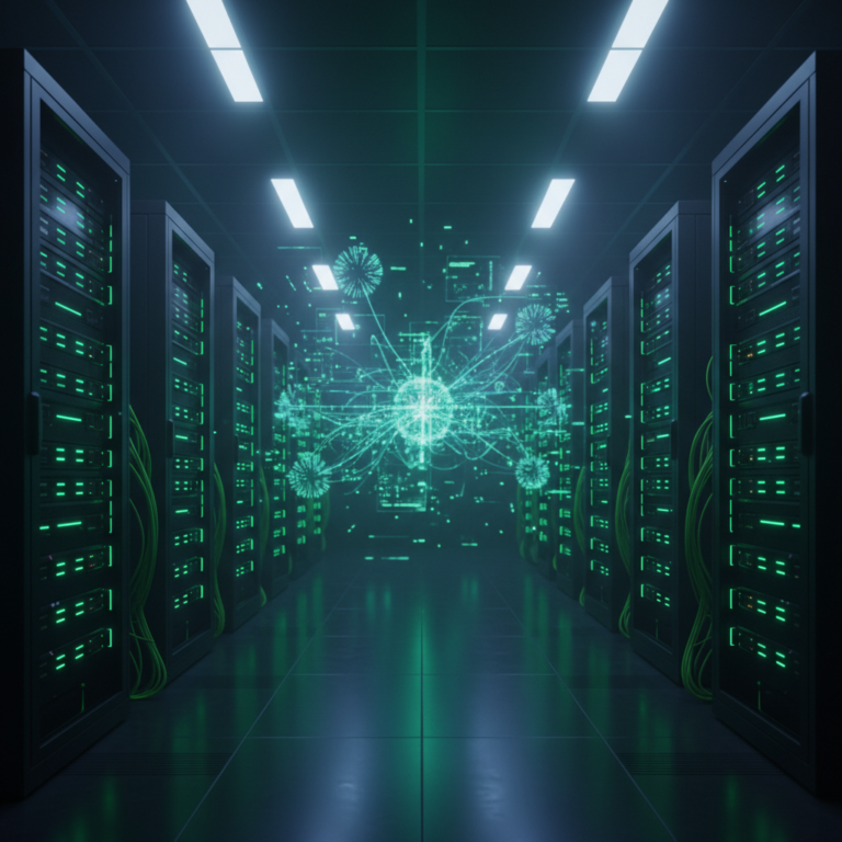 High-tech server room with glowing green LEDs and holographic data streams in blue.