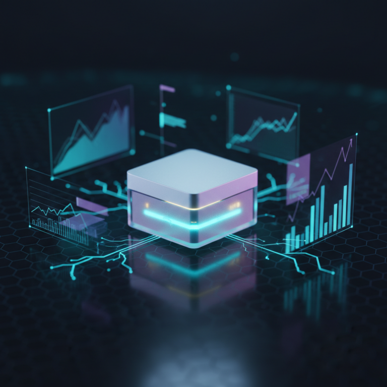 Glowing futuristic micro-server with holographic cyan data streams and charts on dark surface.