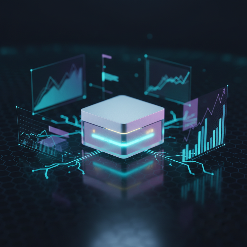 Glowing futuristic micro-server with holographic cyan data streams and charts on dark surface.