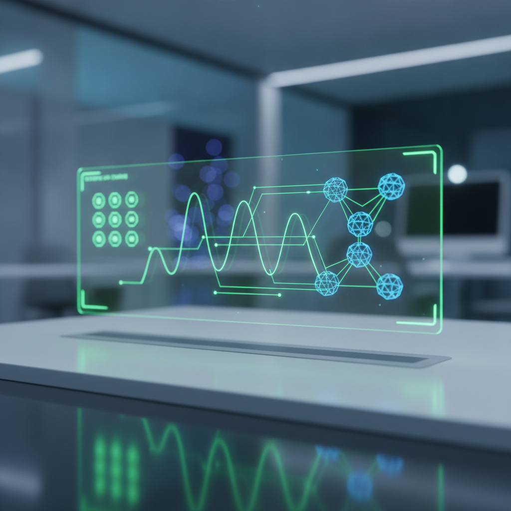 Futuristic server monitoring dashboard with glowing green lights hovering over a minimalist desk.