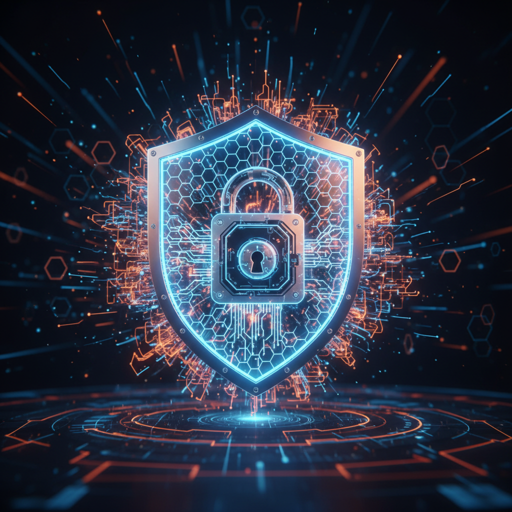 Glowing holographic shield protecting a smart lock in a dark cyber environment.