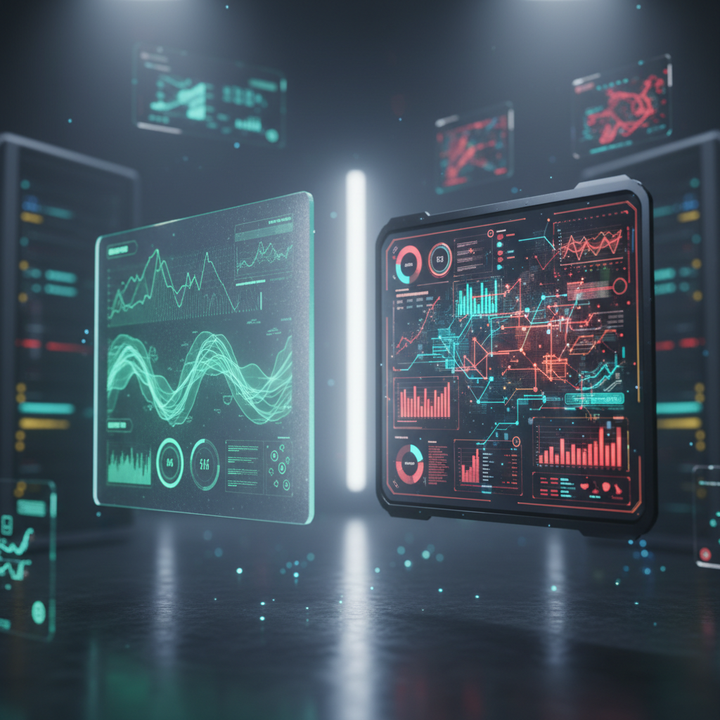 Two contrasting futuristic holographic data dashboards in a modern studio