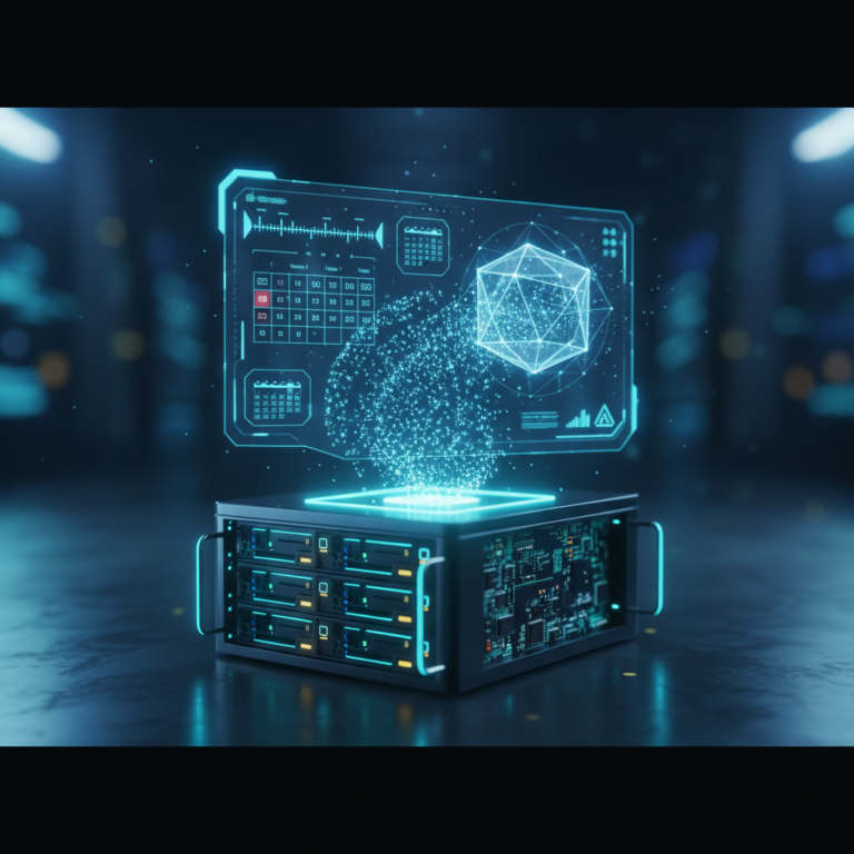 Glowing server rack, holographic timeline, and data flowing into a secure digital vault.