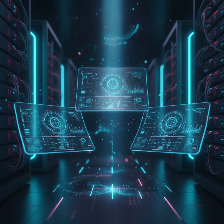 Three glowing holographic consoles for system monitoring in a dark server room.