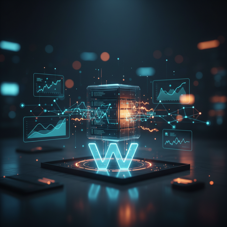 Glowing glass server with holographic dashboards for Prometheus monitoring a small WordPress site.