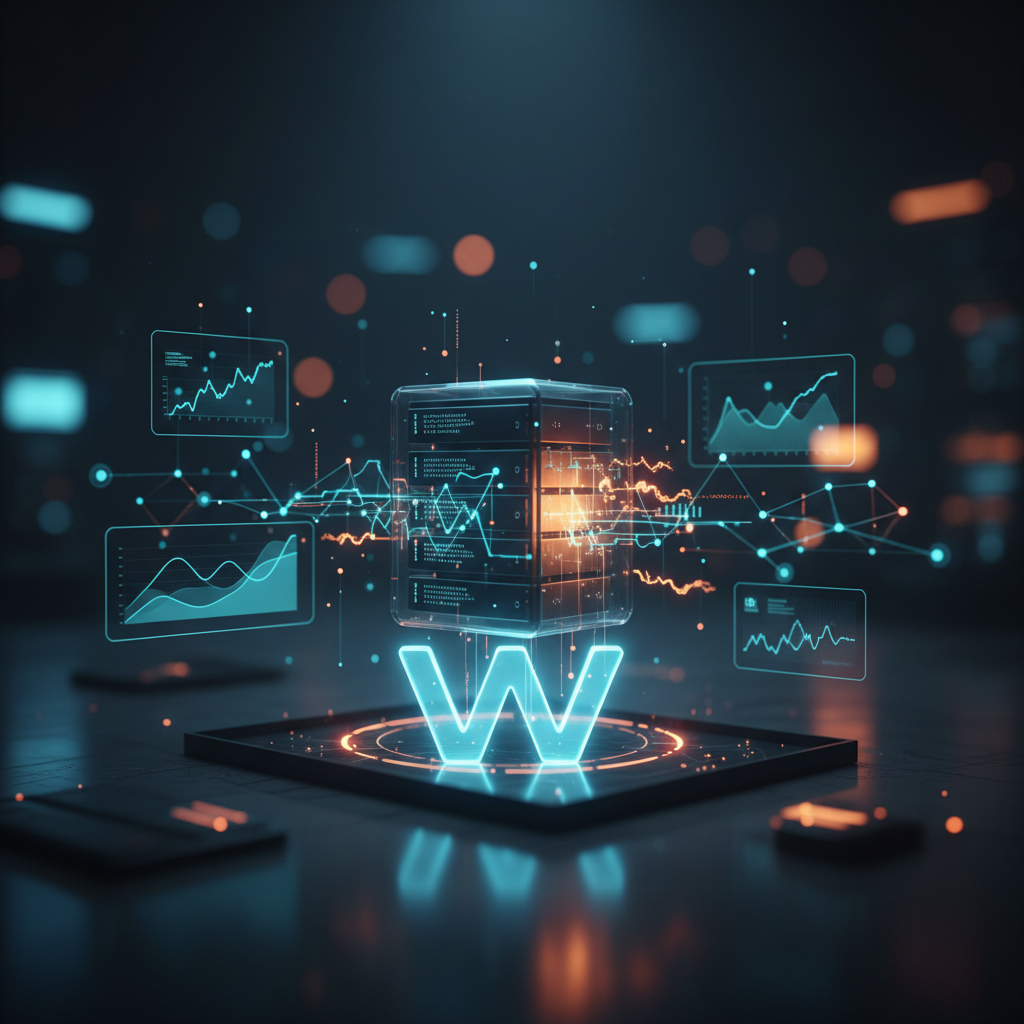 Glowing glass server with holographic dashboards for Prometheus monitoring a small WordPress site.