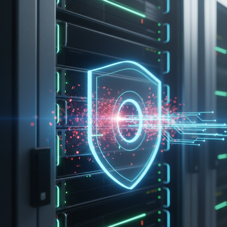Futuristic server rack with a glowing blue shield blocking red data particles.