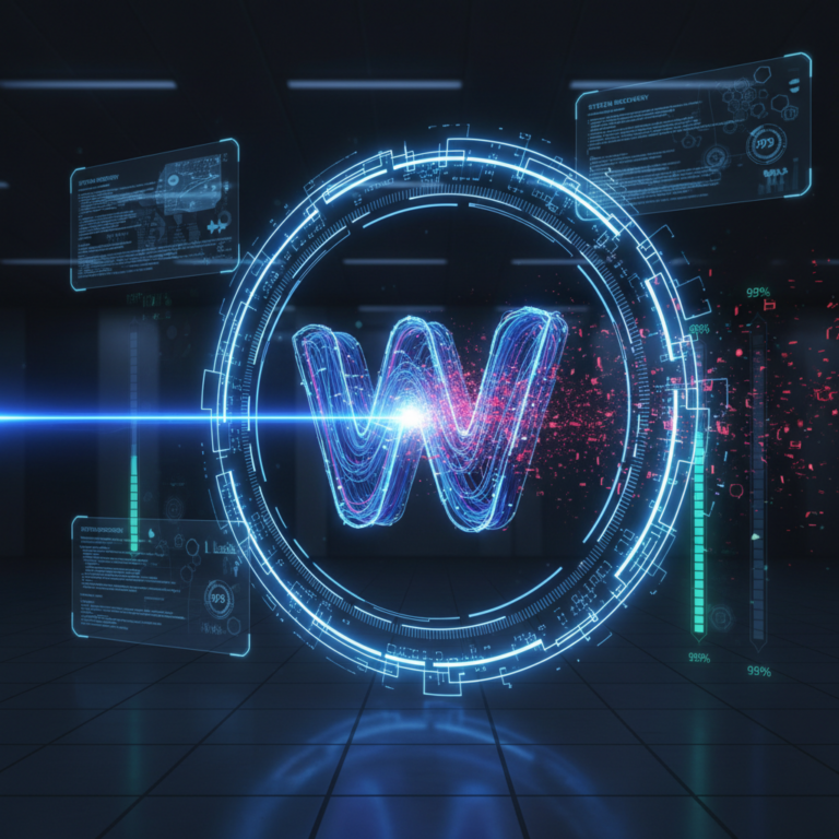 Blue shield protects a W-shaped fiber optic server core from red digital viruses.