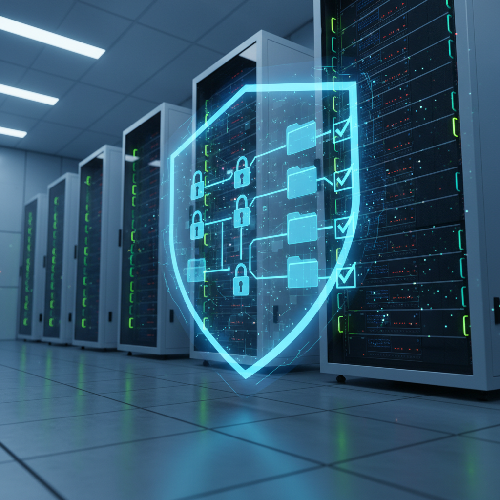 Futuristic server rack with holographic secure file directory, glowing padlocks and a shield.