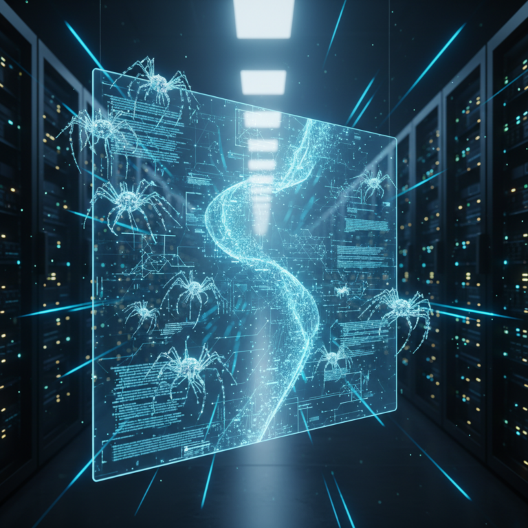 Holographic server logs and micro-mechanical spider bots in a futuristic data center.