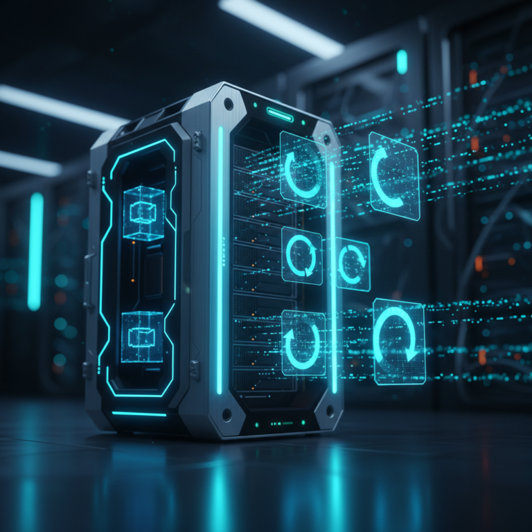 Futuristic server rack with glowing blue data streams, log rotation arrows, and Docker cubes.