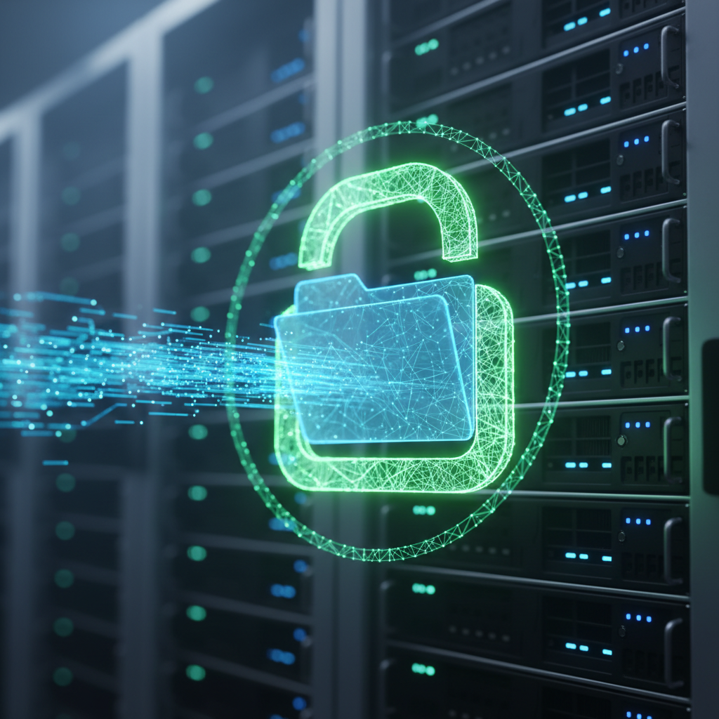 Holographic folder with glowing green padlock and blue data particles in a modern server room.