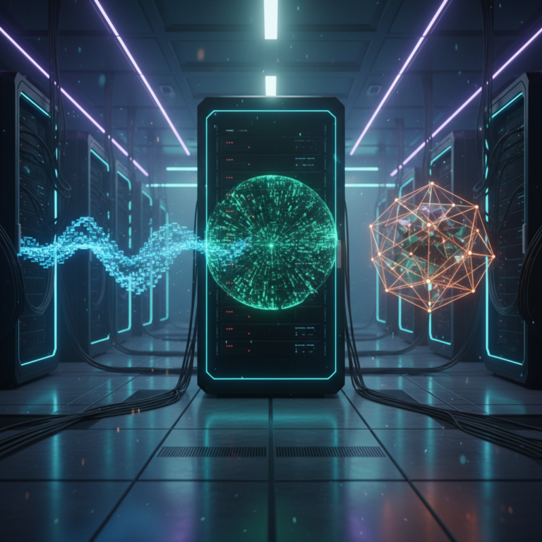 Futuristic data center with glowing holographic VPS backups above sleek server racks.