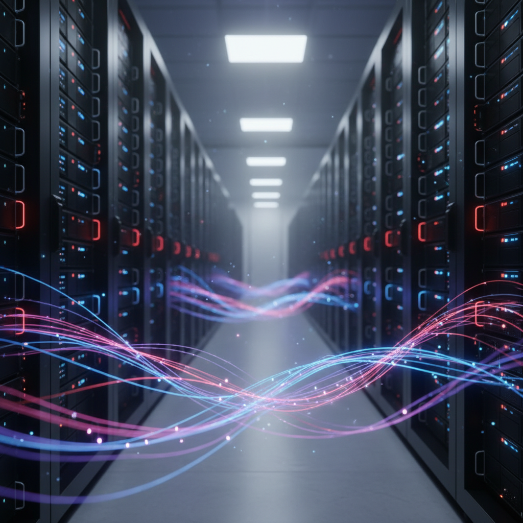 Futuristic data center with glowing server racks and fiber optic data streams.