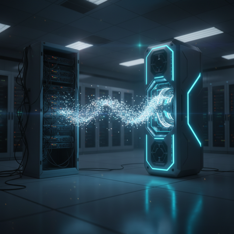 Data flows from an old shared server to a glowing futuristic VPS in a modern data center.