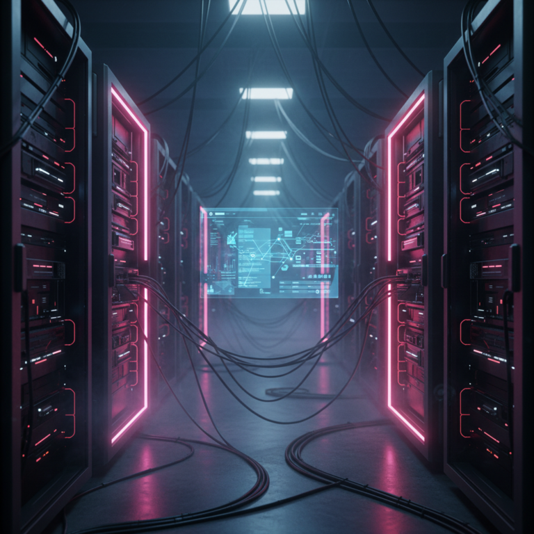 Magenta and red server racks face off in a data center around a glowing blue holographic UI.