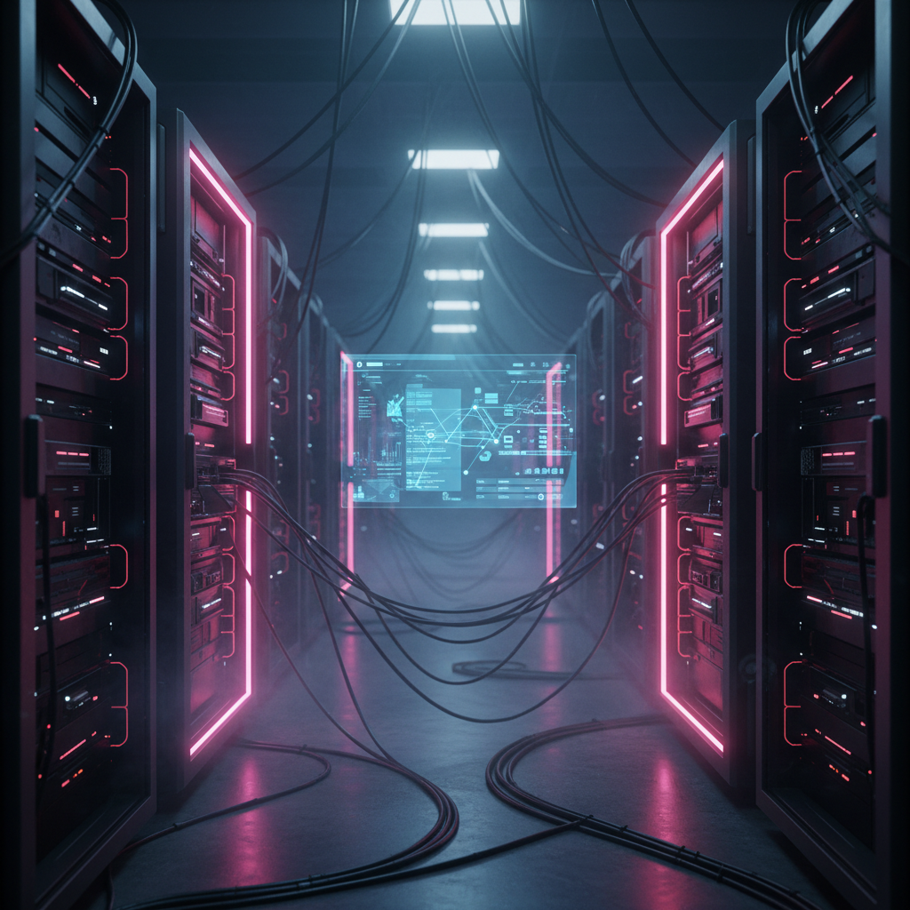 Magenta and red server racks face off in a data center around a glowing blue holographic UI.