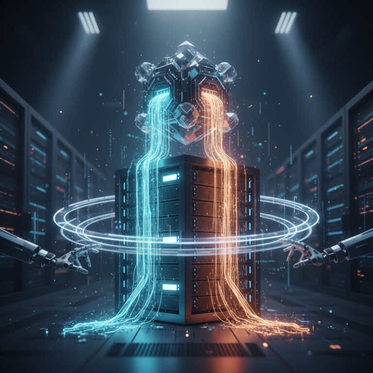 Automated software deployment with glowing data streams into a futuristic server rack
