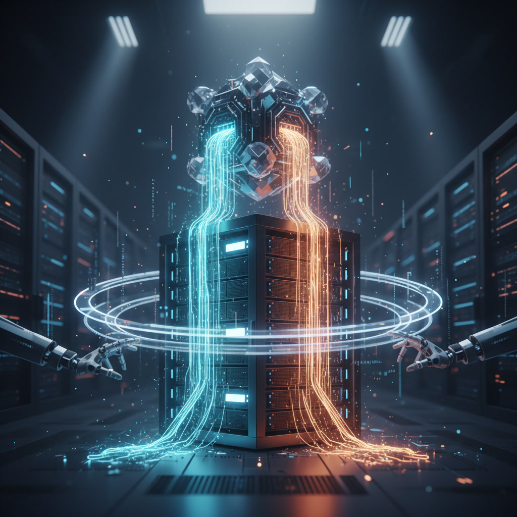 Automated software deployment with glowing data streams into a futuristic server rack