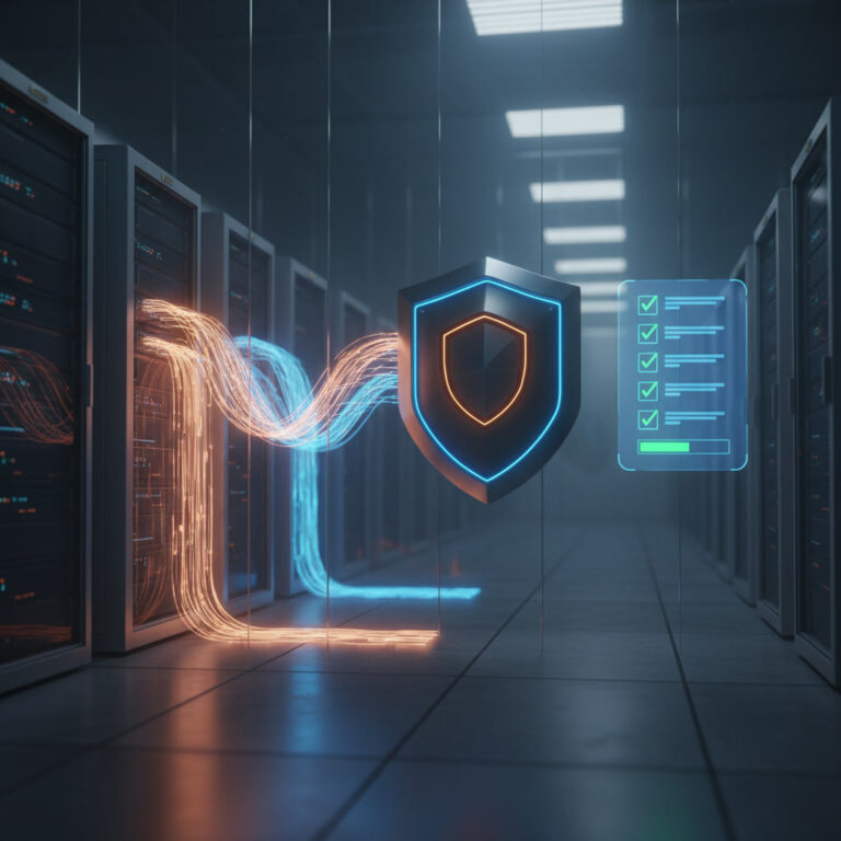 High-tech data center showing DNS migration with orange streams flowing to a shield cloud server.
