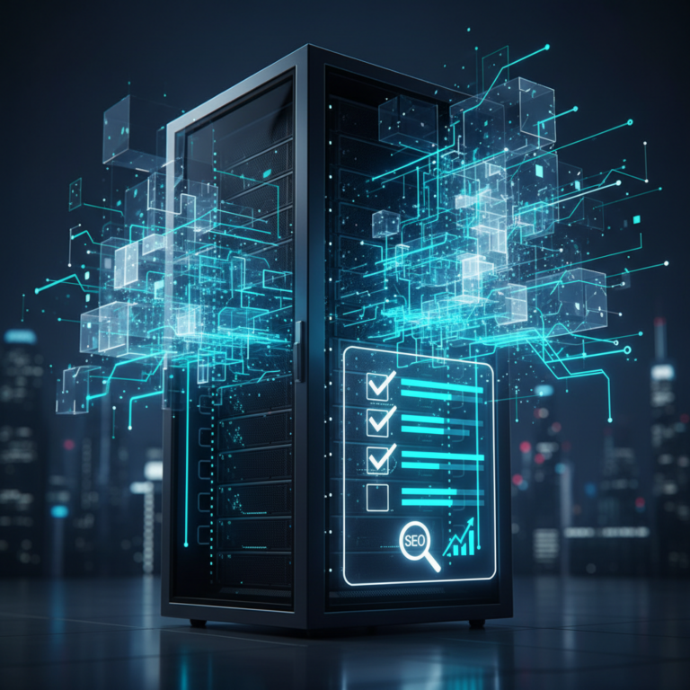 Futuristic server rack with holographic data, checklists, and SEO graphs in cyber blue.