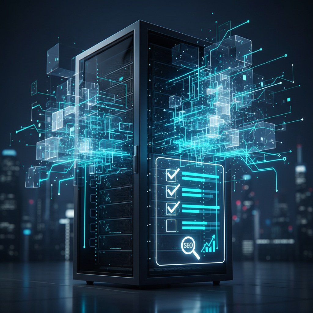 Futuristic server rack with holographic data, checklists, and SEO graphs in cyber blue.